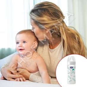 CHICCO - SHISHE QELQI ME BIBERON SILIKONI "WELL-BEING" - 240ML, +0 MUAJ