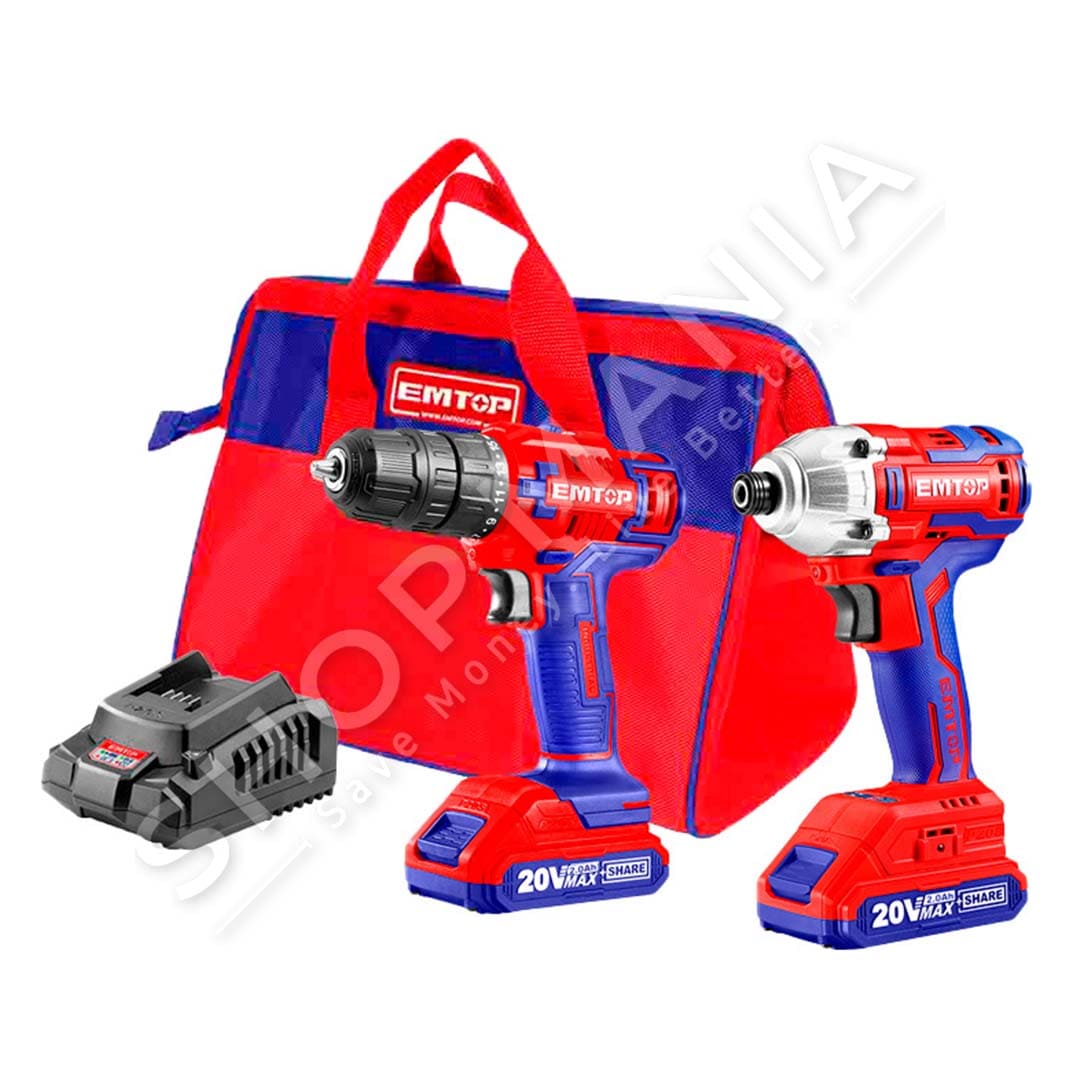 EMTOP - SET VEGLASH ME BATERI 20V (VIDATOR + PISTOLETE DADICEKESH 1/2" +5 AKSESORE) - ECKL2007