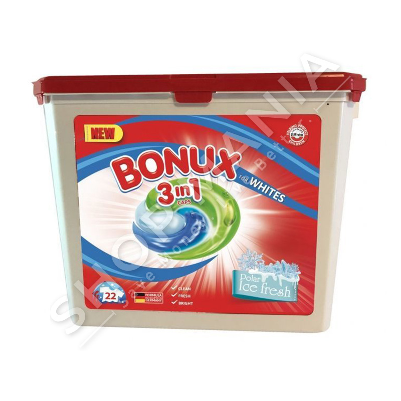 BONUX - DETERGJENT KAPSULA 3 NE 1 PER RROBA TE BARDHA "POLAR ICE FRESH" - 22 LARJE
