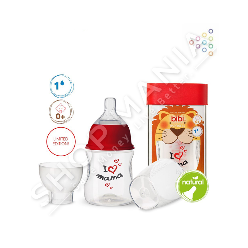 BIBI - SHISHE ME GRYKE TE NGUSHTE ME BIBERON SILIKONI "NATURAL - I LOVE MAMA/PAPA IS THE BEST" - 120ML, +0 MUAJ