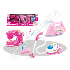 SET ME LODRA PAJISJE ELEKTROSHTEPIAKE +3 VJEC "HAPPY FAMILY CHILDREN'S PLAY SET SEWING MACHINE, IRON, VACUUM CLEANER" - LS8327