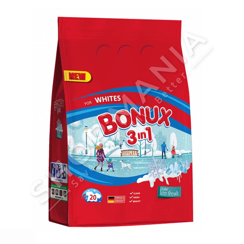 BONUX - DETERGJENT PLUHUR 3 NE 1 PER RROBA TE BARDHA "POLAR ICE FRESH" - 20 LARJE