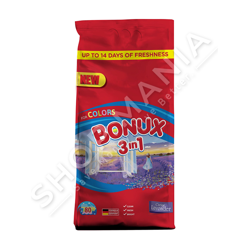 BONUX - DETERGJENT PLUHUR 3 NE 1 PER RROBA ME NGJYRE "CARING LAVENDER" - 80 LARJE