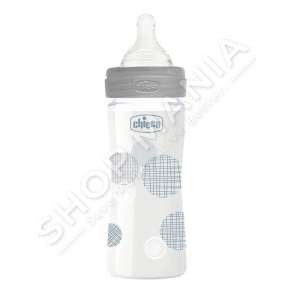 CHICCO - SHISHE QELQI ME BIBERON SILIKONI 240ML/+0MUAJSH "GLASS BOTTLE WELL BEING SILICONE NIPPLE" - 8058664129959