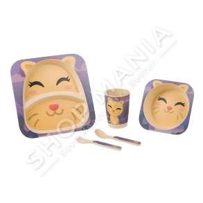 NAVA - SET USHQYERJE BAMBOO PER FEMIJE ME DIZAJN MACE (PJATE, TAS, FILXHAN, PIRUN & LUGE) -  5205746123487